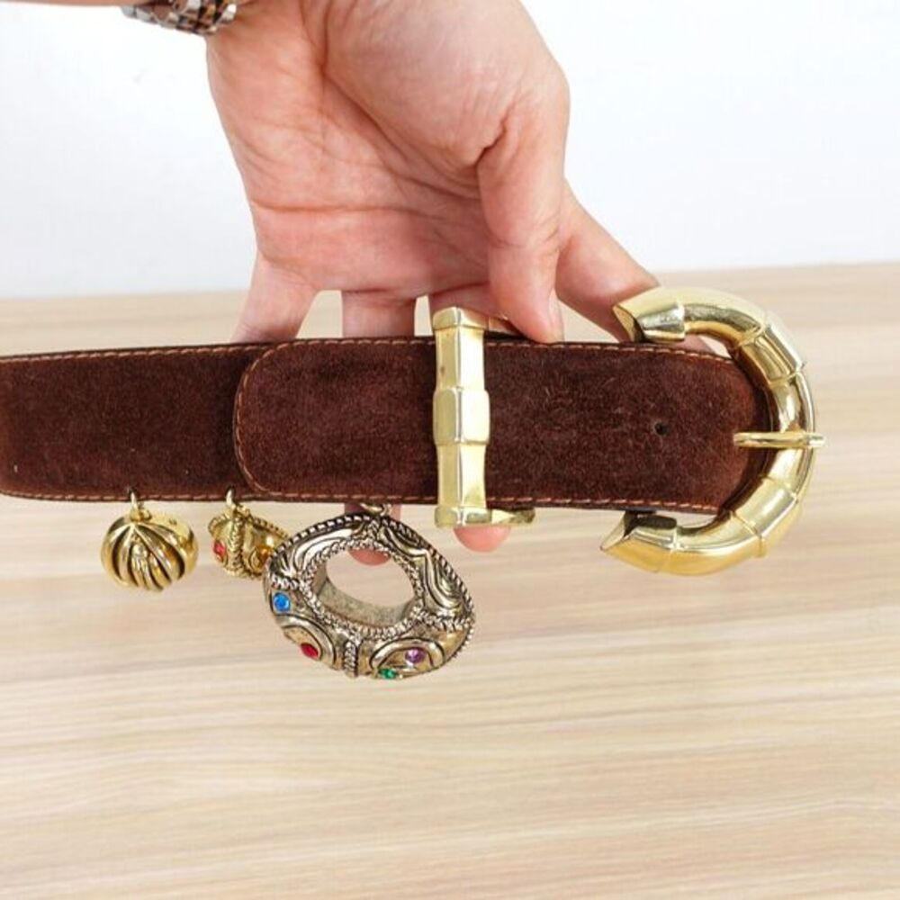 VINTAGE Gold‎ Big Buckle Belt XS Small Medallion Concho Dangle Waist RARE Italy